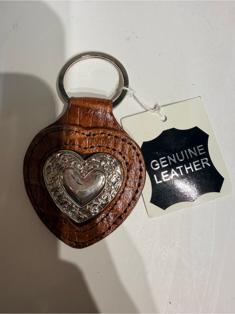 Genuine Leather Brown Heart Keychain with Silver Accent